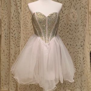 STRAPLESS BEADED IRIDESCENT RHINESTONE CORSET WHITE FIT AND FLARE MINI DRESS